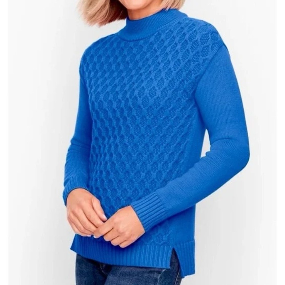 Talbots Honeycomb Mock Neck Sweater Size Petite P Cerulean Blue Preppy NEW